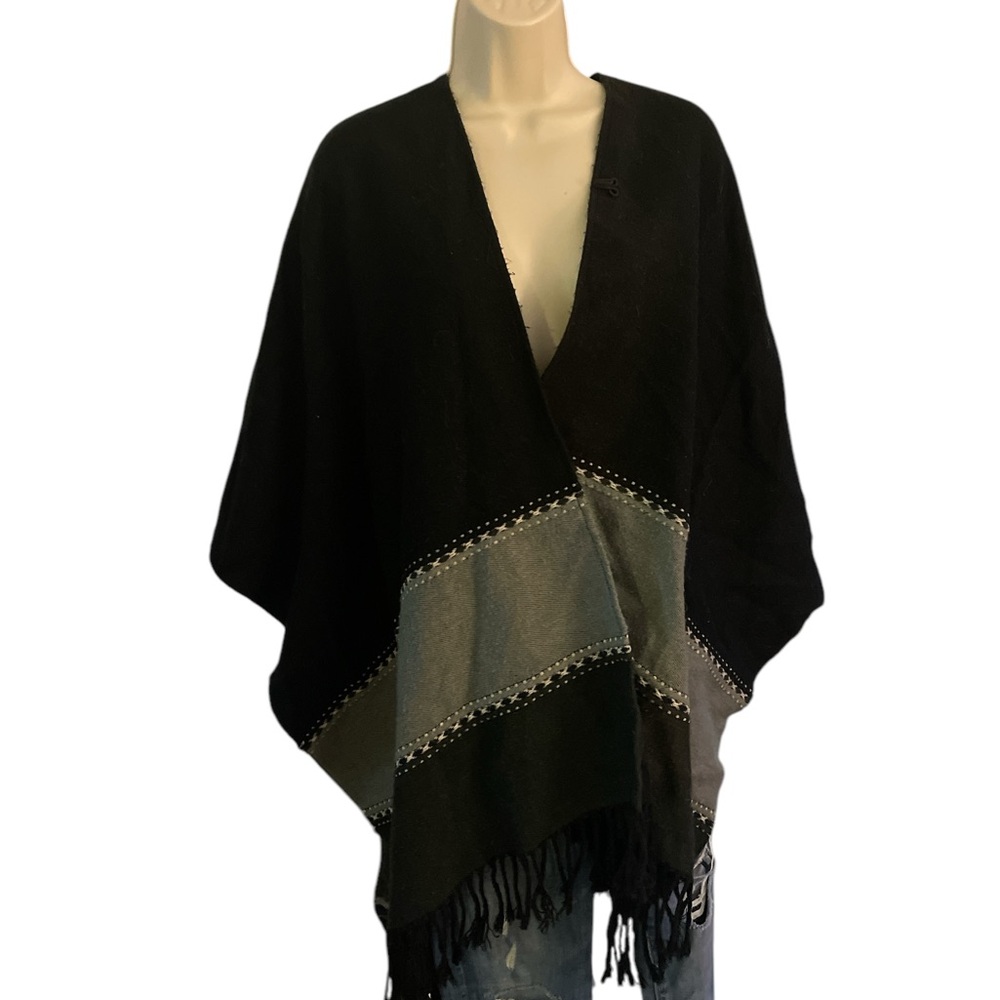 Black and Gray Poncho Sweater with Fringe